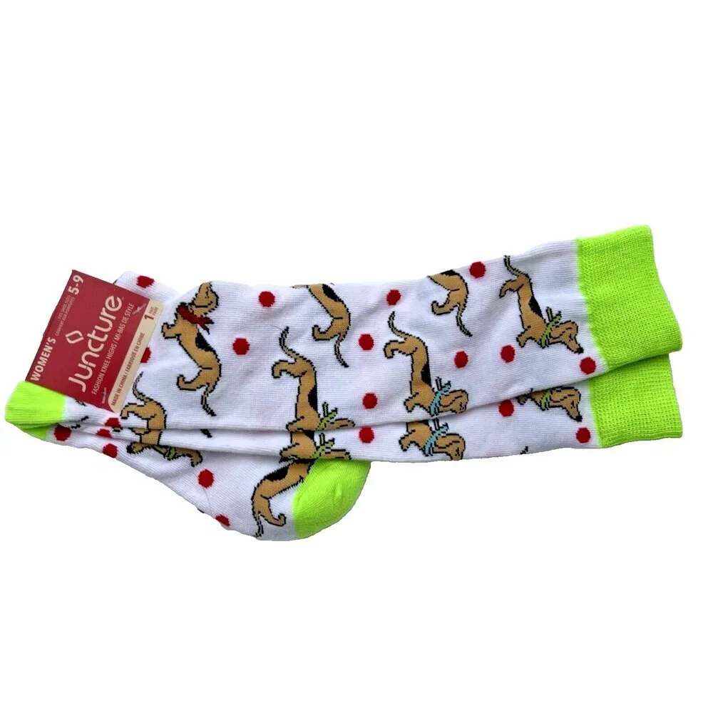 Women's Juncture - White/Red/Brown Dachshund Dog Polka Dot Knee High Socks 6-9